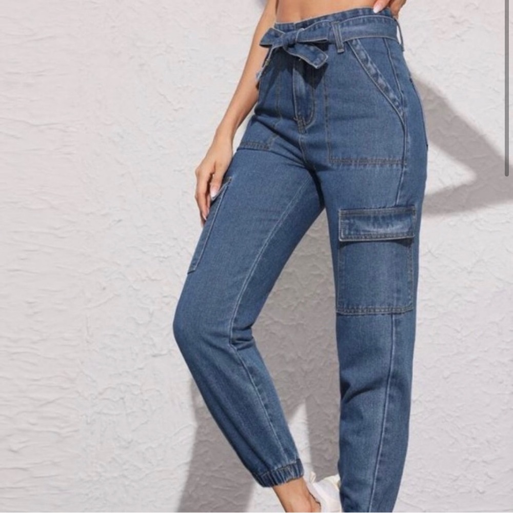 New! High waist Jean joggers w/ Front Tie - Picture 4 of 7